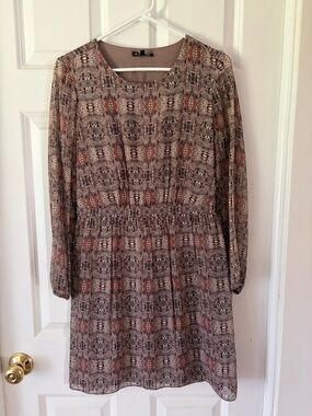 Madewell Long-Sleeve Printed Elastic-Waist Dress - Brown with Rust Accents